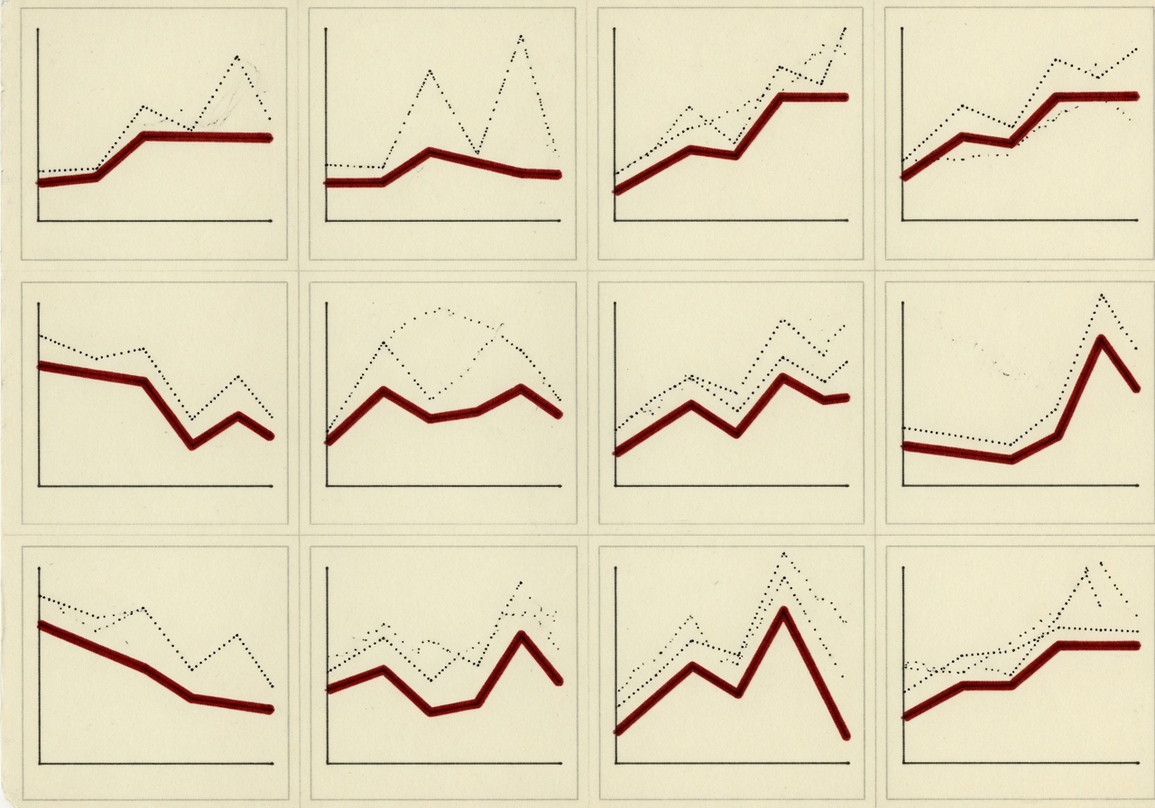 Hand-drawn small-multiples grid in a warm cream and deep ink palette, evoking an Edward Tufte sketchbook. Twelve square panels arranged four across and three down, each charting a different industry as a thin pen-and-ink sparkline of AI adoption climbing from left to right, with a heavier red baseline marking the firm-reported share and a fainter dotted line above it marking the worker-reported share. The widest gaps appear in the Professional Services and Financial Services panels in the upper row; the narrowest appear in Accommodation and Food in the lower right.