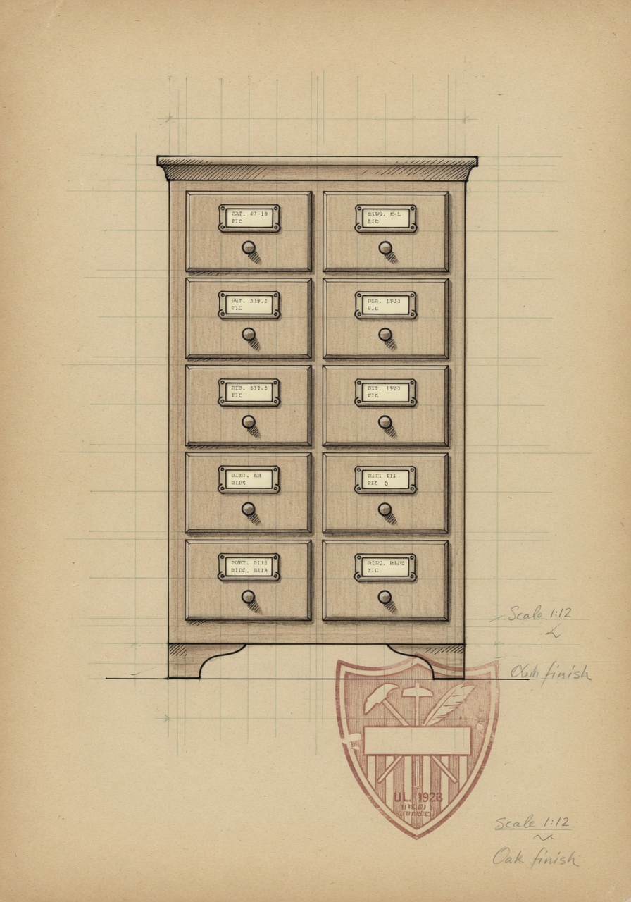 Editorial illustration in warm cream and faded ink, drawn in the style of a hand-inked architectural elevation on archival kraft paper: a tall library card catalog cabinet with eight small rectangular drawer fronts stacked in two columns, each labeled with a typed-card stub of indistinct text, a faded muted-red ink stamp bearing a generic union shield motif beneath the cabinet, and thin construction-grid lines in pale ink behind it.