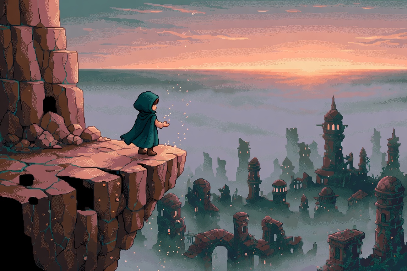 Pixel-art illustration plate in the spirit of a sixteen-bit action role-playing game: a small hooded adventurer stands at the edge of a fractured cliff at dawn, hand outstretched as motes of pale dust drift upward; the ruined silhouette of a fallen civilization recedes into a misty valley with distant towers and a thin line of golden sunrise. Warm peach, dusty rose, deep teal, and burnt umber palette, with deliberate visible pixels and heavy dithering.
