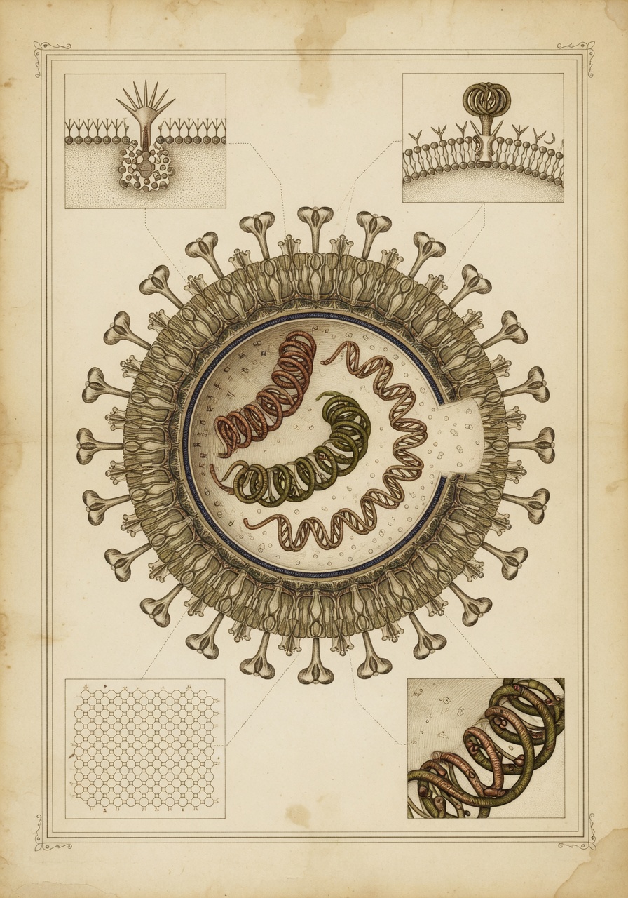 Scientific atlas plate of an enveloped hantavirus virion in cutaway, with glycoprotein spikes arranged around a lipid envelope and three coiled ribonucleoprotein segments inside, rendered in sepia, copper, and olive ink on aged cream paper, with smaller annotated callout drawings of viral entry and budding stages