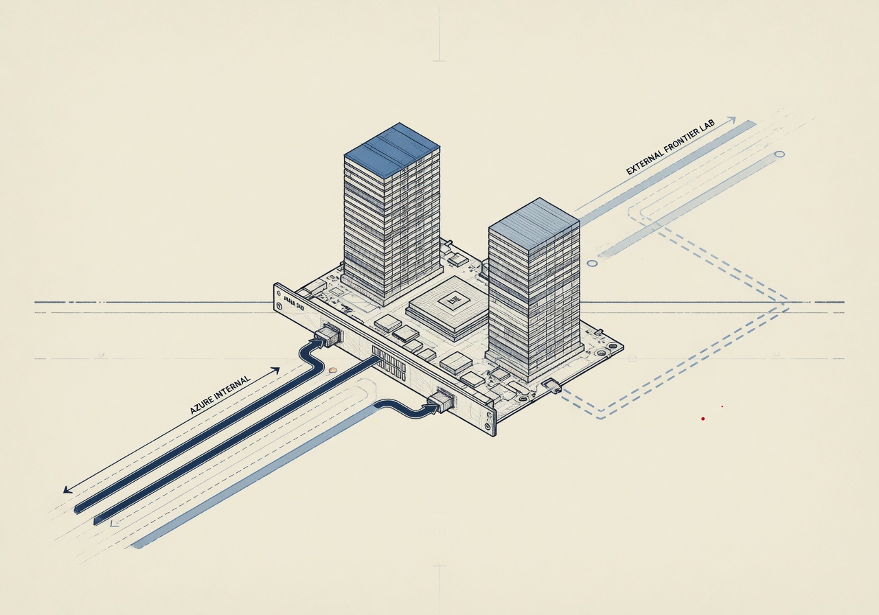 Isometric technical illustration in warm cream and deep ink, showing a single rack-style accelerator board labelled Maia 200 sitting at the center of a stylized data hall, with two faint dashed paths arriving from opposite sides representing Azure-internal workloads from one direction and an external frontier-lab workload from the other, the latter rendered as provisional and not yet connected.