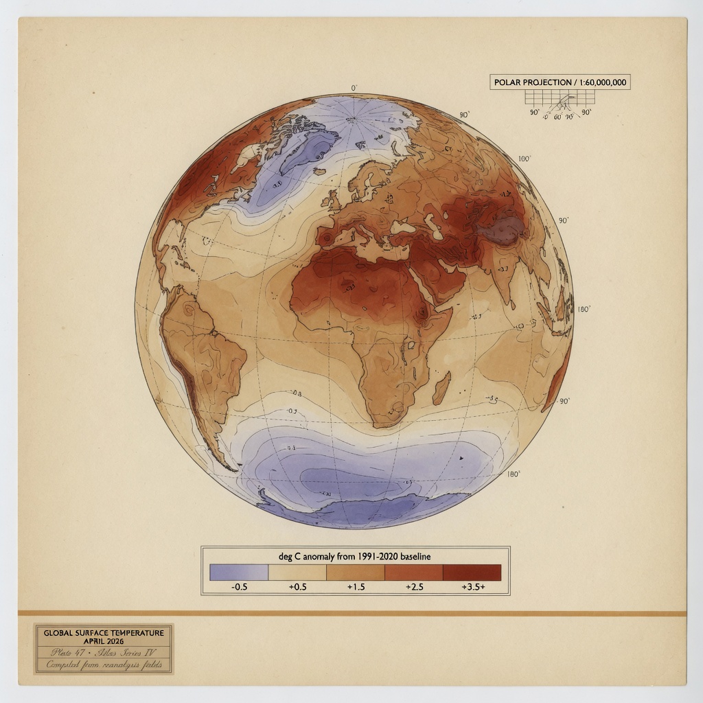 A printed climate-data plate in the visual register of a hand-tinted mid-century meteorological atlas, showing a polar-projection globe with smooth contour shading in warm sepia, ochre, brick-red, and faded indigo over land and sea, fine dark isobar-style anomaly contours overprinted, dashed meridian register marks, a legend bar along the lower edge labelled degrees Celsius anomaly from the 1991 to 2020 baseline, a faint grid scale in the upper right, and a slim ochre rule across the bottom, mounted on warm cream rag paper with a dark archival label in the lower left reading GLOBAL SURFACE TEMPERATURE APRIL 2026