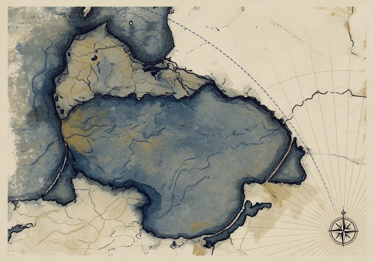 Vintage-atlas illustration of the Baltic Sea region with bathymetric blues, ochre coastal accents, a dashed arc across the sky, and faint radial lines from the eastern frontier — no national flags, insignia, or text labels.