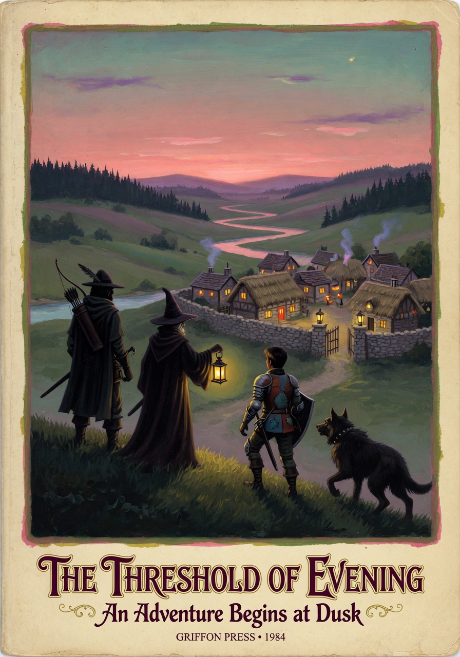 Fantasy illustration plate in the spirit of a vintage RPG cover — a small adventuring party crests a hillside at dusk, looking down at a walled village glowing with warm windows; rolling hills and a distant forest beyond, painted in saturated gouache with thick brushwork, framed by a hand-lettered title plate at the bottom in a serif display face.