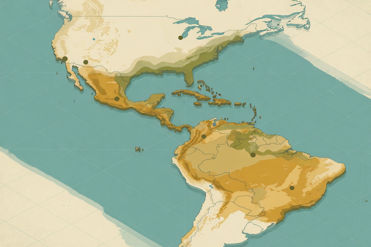 Isometric vector map of the Americas in muted teal, mustard, and warm cream paper tones, with case-density shading concentrated across Brazil, the northern Andes, the Caribbean, and Central America, and small circle markers over Florida, southern California, and southeast Texas marking the 2024 U.S. locally acquired case counties. A faint overlay traces the modeled summer range of Aedes aegypti and Aedes albopictus across the southern United States.