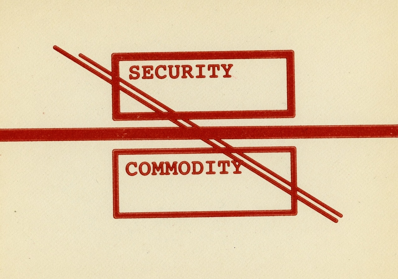Risograph-style print plate in warm cream and Moxley brick-red ink, with two stacked boxes labelled SECURITY and COMMODITY separated by a thin diagonal rule, evoking a 1970s policy-brief insert with deliberate misregistration and ink speckle.
