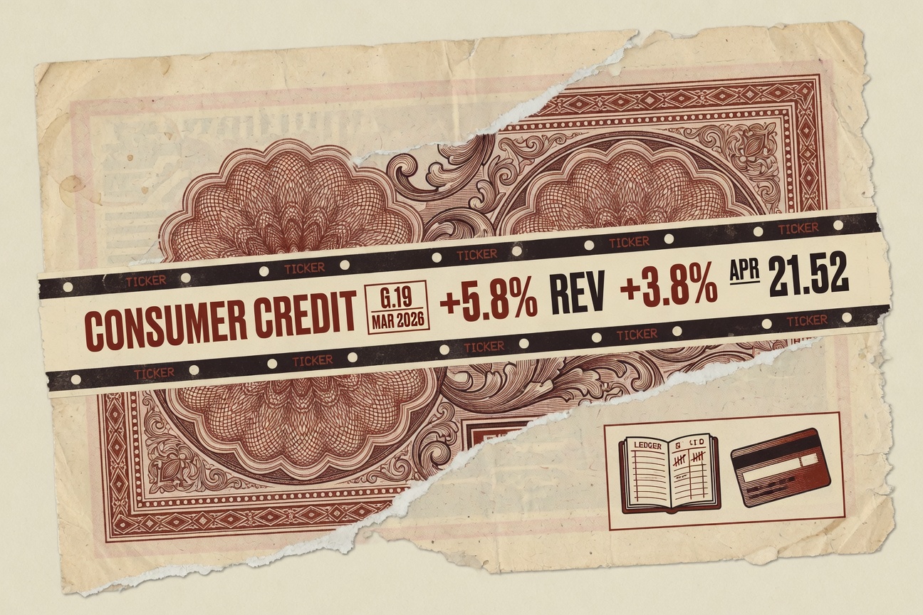 Vintage financial newspaper clipping rendered in warm cream and deep ink, with stylized currency-engraving filigree framing a small ticker-tape strip that reads CONSUMER CREDIT G.19 MAR 2026 +5.8% REV +3.8%. A faint pictogram of a household ledger sits in the lower right corner.