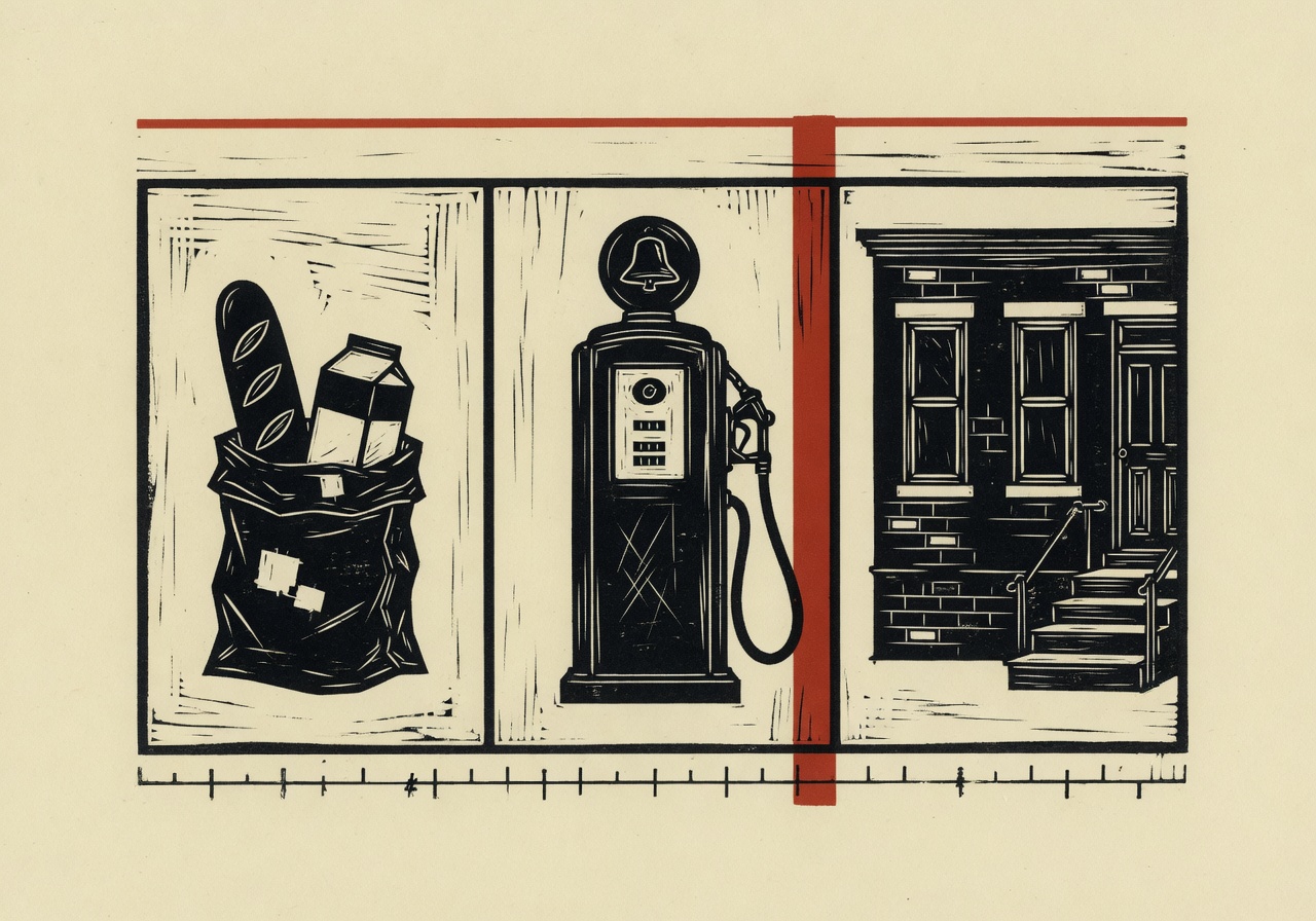 A horizontal linocut-style triptych in deep ink on warm cream: a grocery sack at left, a vintage gasoline pump in the center, and a simple two-window row-house facade at right, with a thin brick-red rule above and a faint printer’s ledger line below.