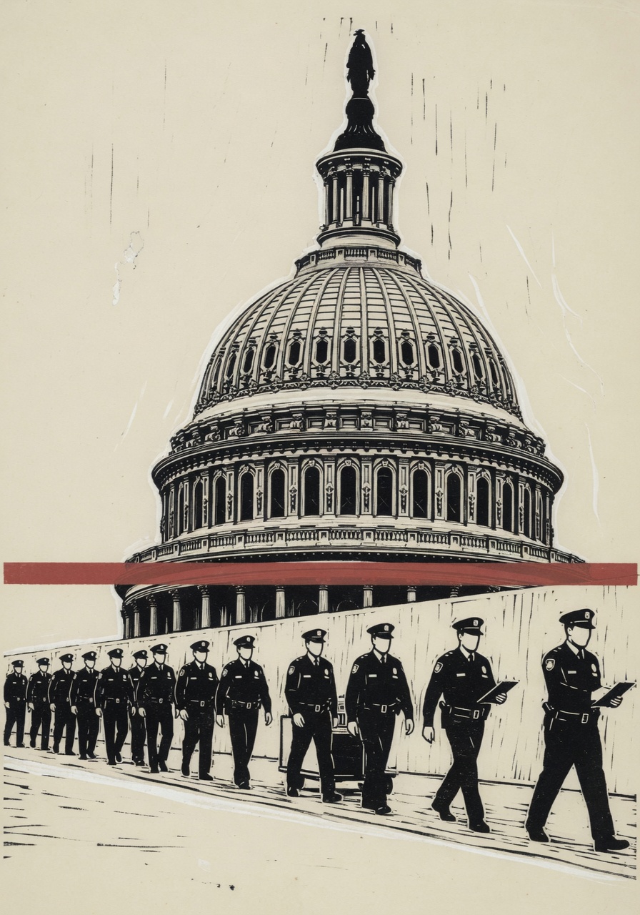 Black-and-white woodcut political illustration: a stylized U.S. Capitol dome above a procession of small uniformed silhouettes returning to work along the bottom of the frame, with a single thin horizontal stripe of muted red ink running across the middle of the image.