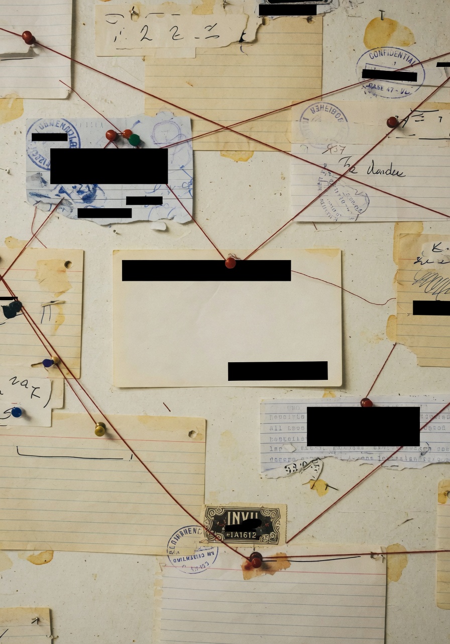 Evidence-board collage on warm cream corkboard: overlapping pinned index cards and document fragments, some bearing solid ink redaction bars, connected by a network of brick-red thread. No readable text, no faces, no logos. Single red accent thread runs through a forensic, hand-pinned arrangement.