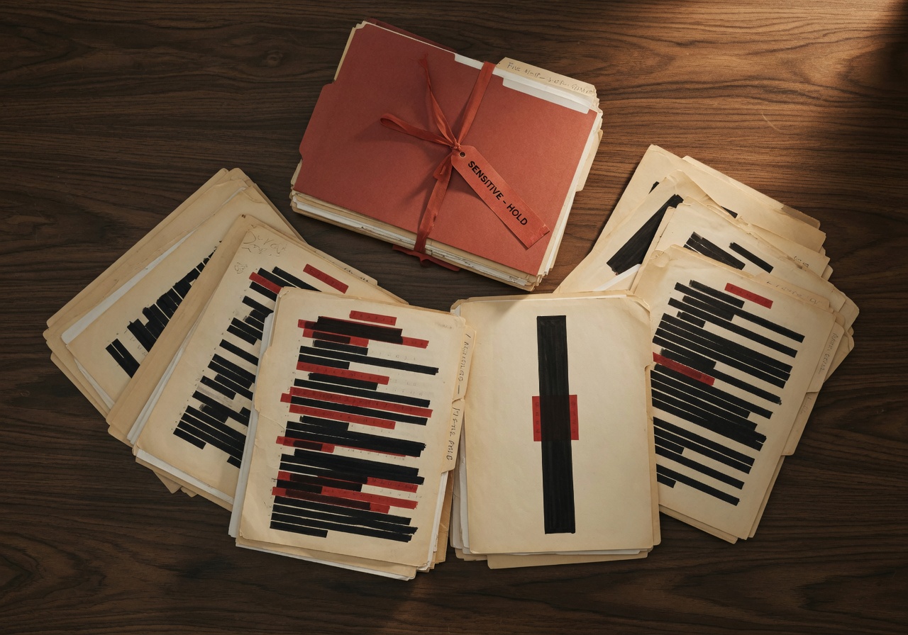 A stack of manila file folders fanned out on a dark walnut desk under warm raking light, set against deep sepia shadow. Several folders open to reveal sheaves of off-pale ivory paper covered in heavy redaction bars; no readable text, no names, no faces. One brick-red ribbon tag lies diagonally across the closed top folder. Paper grain and shadow dominate the frame.