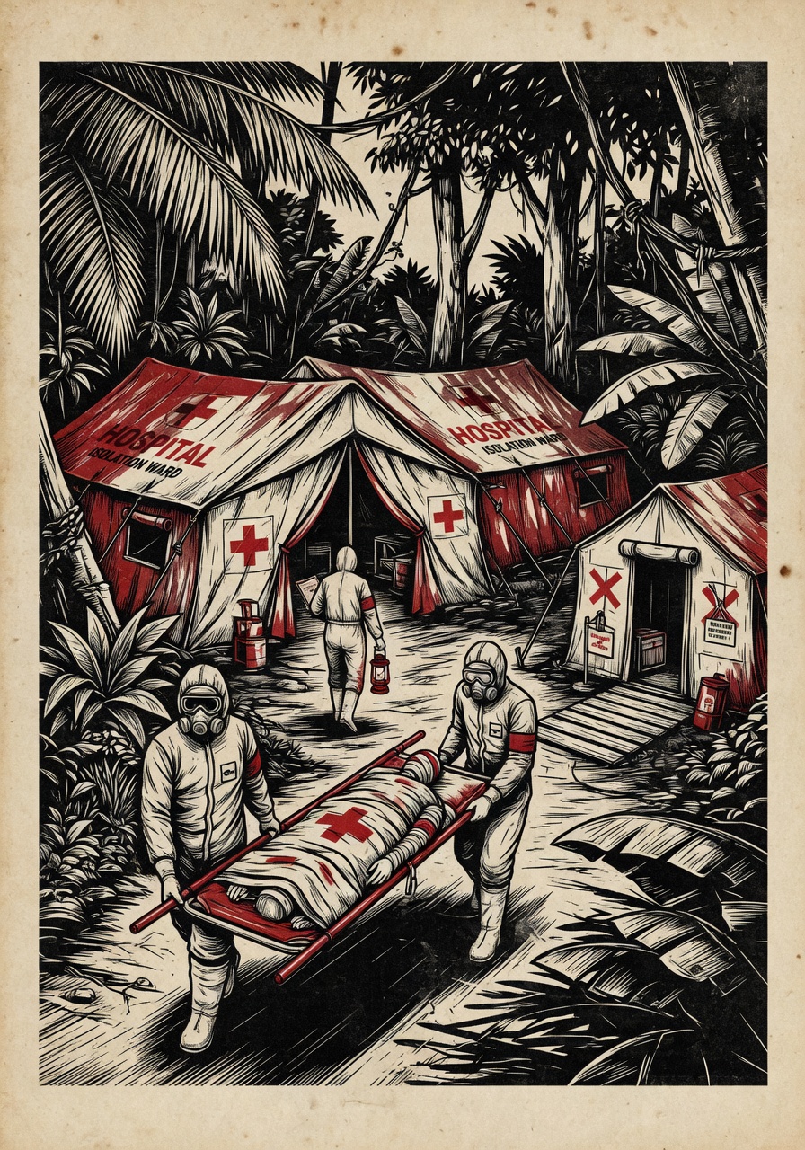 Woodcut-style print of a field hospital tent complex in tropical forest, with medical workers in protective gear moving between structures, stark crimson and graphite ink on cream paper, conveying containment effort in a remote setting
