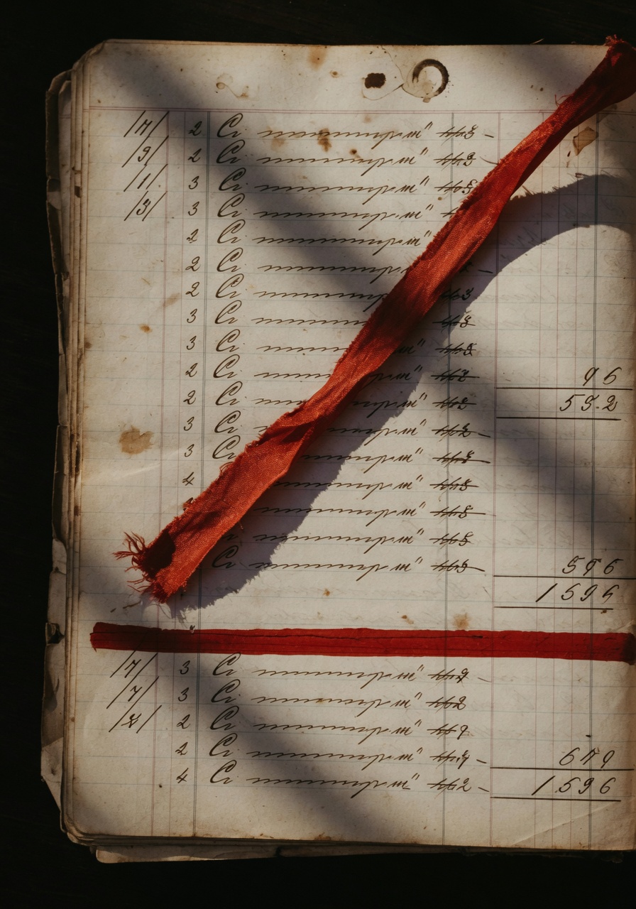 Close-up of an aged accounting ledger page lit by warm raking light against deep shadow. Columnar handwritten entries in faded brown ink fill the rule, with a single brick-red ribbon laid diagonally across the page and a redaction bar covering one row. Paper grain and shadow dominate; no readable names or numbers.