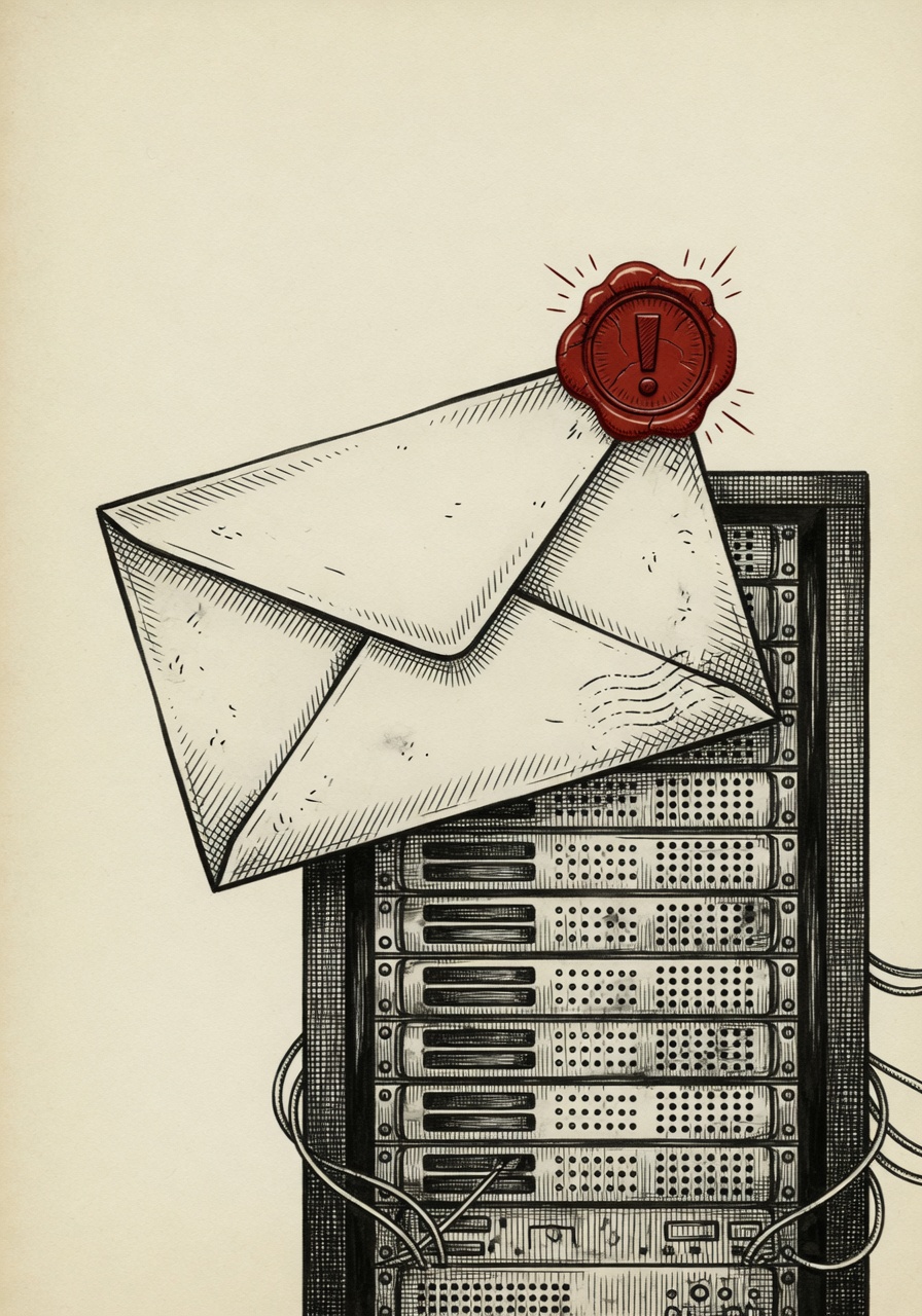 Stylized broadsheet illustration of an envelope marked with a small red seal hovering above a server rack, conveying a flawed on-premises mail server.