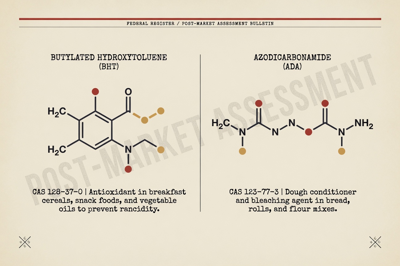 A clean editorial infographic-style illustration on warm cream paper showing two labelled molecular structures, butylated hydroxytoluene at left and azodicarbonamide at right, drawn as flat vector skeletal diagrams in muted ink with small ochre and brick-red accent dots at the functional groups, each annotated with its CAS number, common food applications listed in fine print below, and a slim red rule across the top edge mirroring a printed regulatory bulletin.