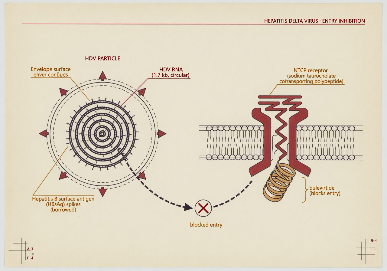 A flat editorial infographic on warm cream paper in vintage scientific-journal vector style. On the left, a labelled cross-section of a hepatitis delta virus particle: a circular envelope studded with three small hepatitis B surface antigen spikes the HDV particle borrows for its coat, enclosing a coiled RNA genome annotated “HDV RNA (1.7 kb, circular).” On the right, a stylised hepatocyte membrane in cross-section with the NTCP receptor drawn as a labelled transmembrane channel, a short coiled ribbon labelled “bulevirtide” docked into it, and a dashed arrow between the virion and the receptor cancelled by a small red X reading “blocked entry.” Linework in fine dark ink with ochre and brick-red accents on key labels; a slim red rule sits across the top edge.