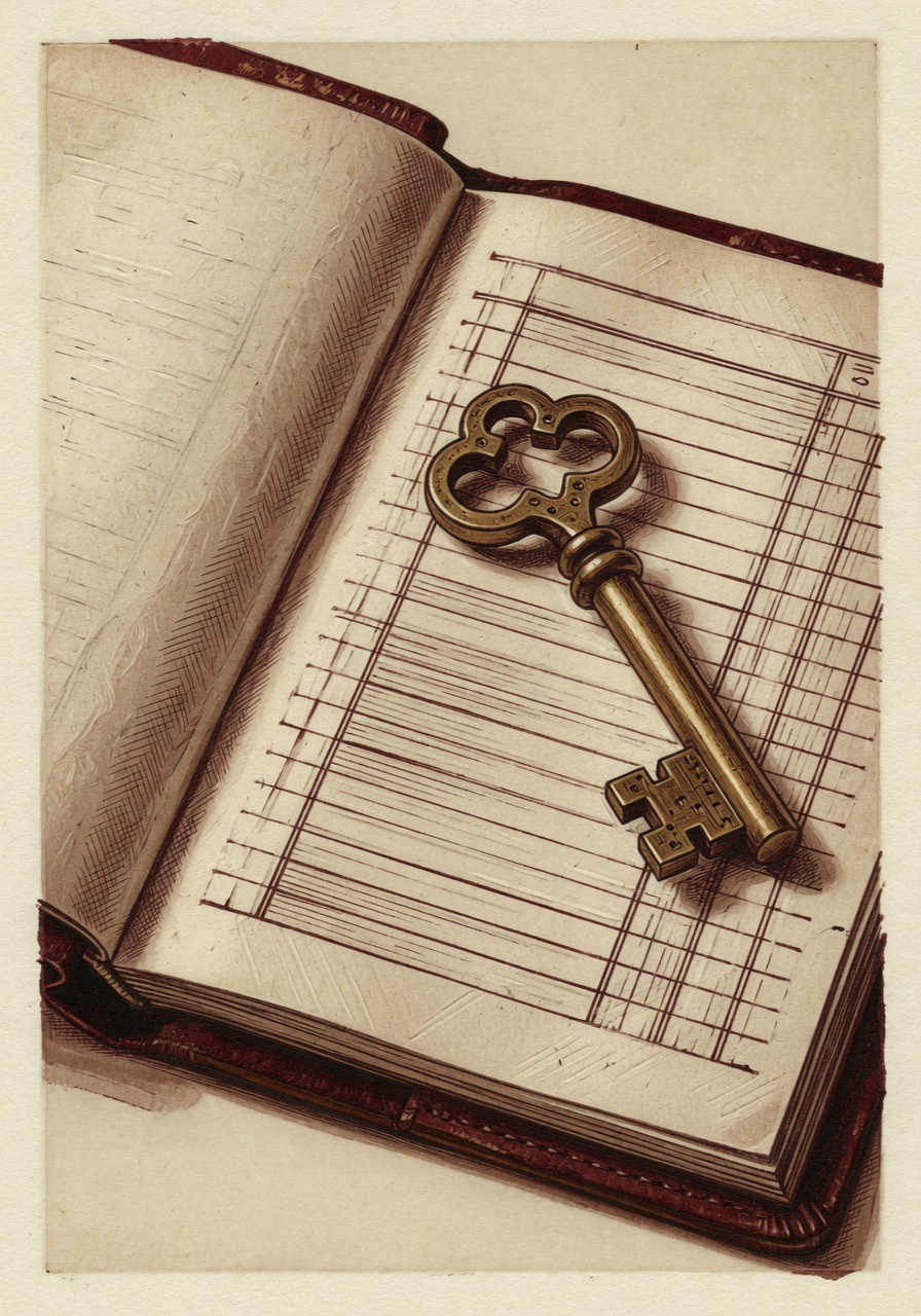 Woodblock-print illustration of a heavy brass key resting on an open leather-bound rulebook, lit from the upper left in warm cream and oxblood ink.