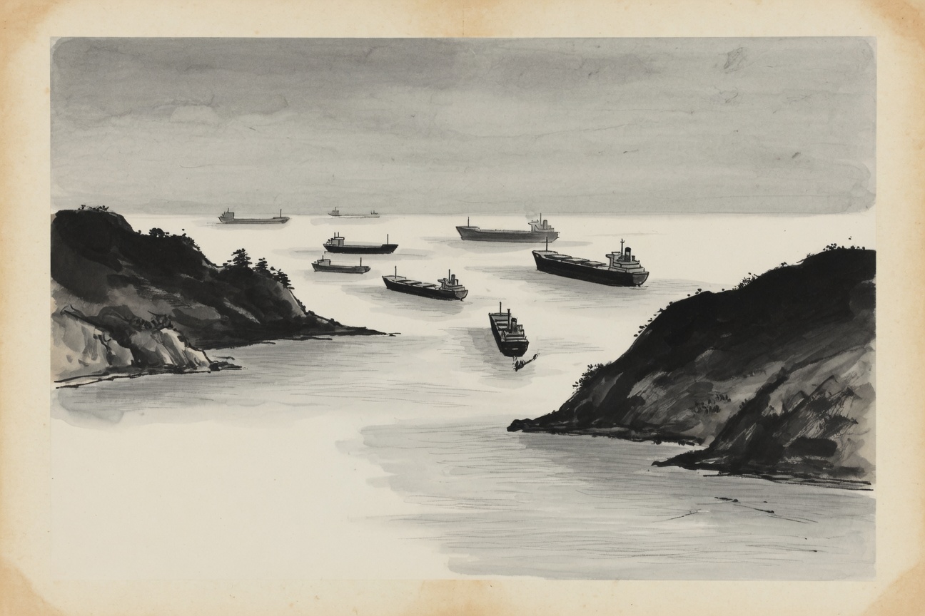 Sumi-ink wash illustration of a narrow strait between two dark headlands, with the faint silhouettes of cargo vessels arrayed in a holding pattern under a gray sky. No flags, no insignia, no text.