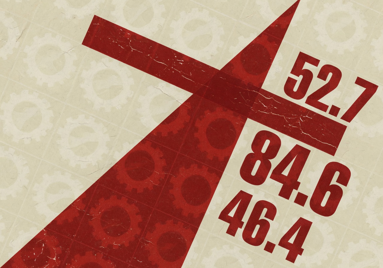 Constructivist-style poster in a two-color palette of warm cream and deep brick red. Bold geometric shapes form an upward-pointing wedge intersecting a downward bar, layered over a faint grid of factory-gear silhouettes and stacked sans-serif numerals reading 52.7, 84.6, and 46.4.
