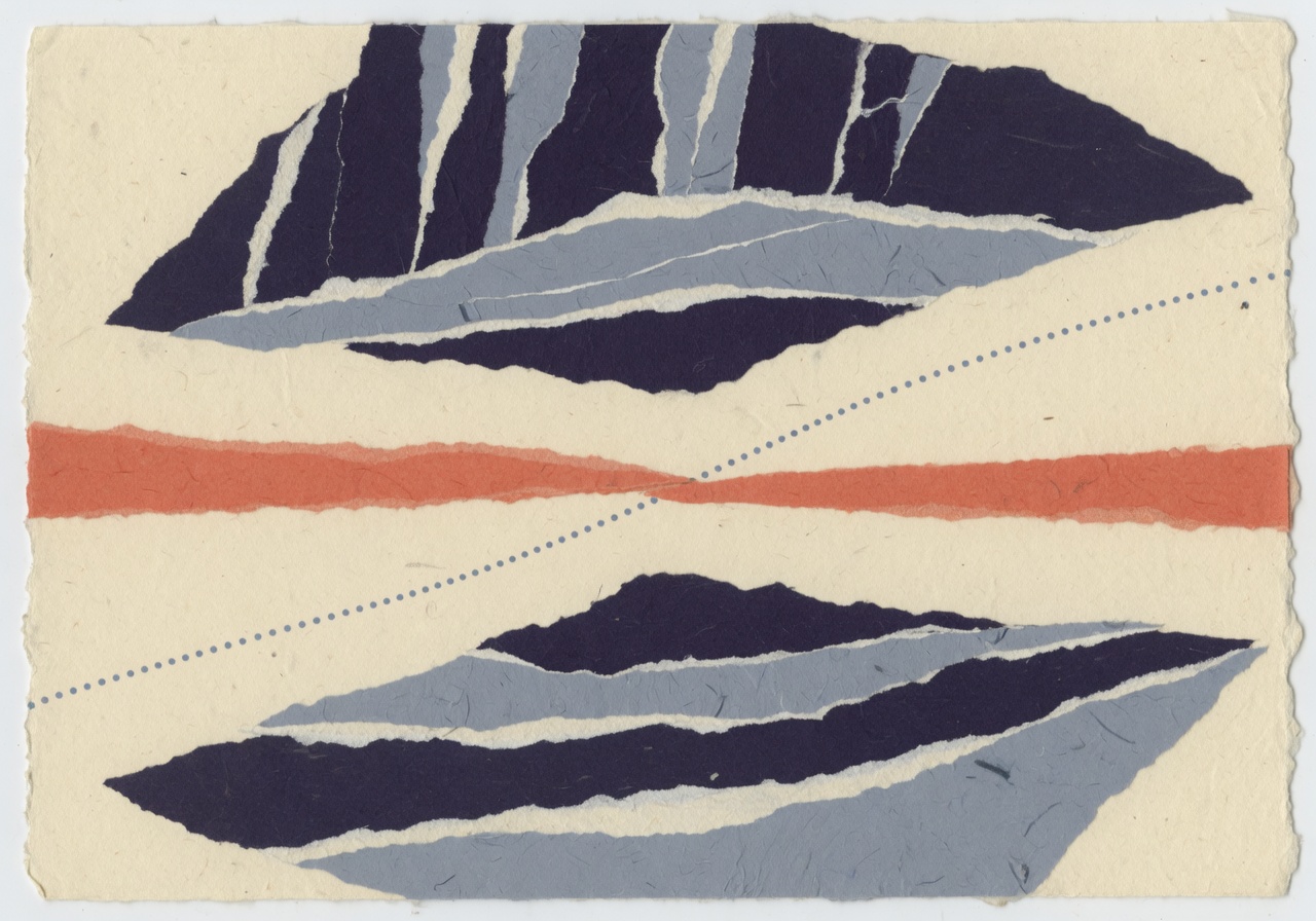 Chigirie torn-paper collage in warm ivory, deep indigo, pale slate, and a thin muted persimmon band across the lower third, suggesting a strait of water between two abstracted landmasses with visible torn-paper deckle edges; a single thin dotted line traces a shipping lane across the strait. No flags, no insignia, no text.