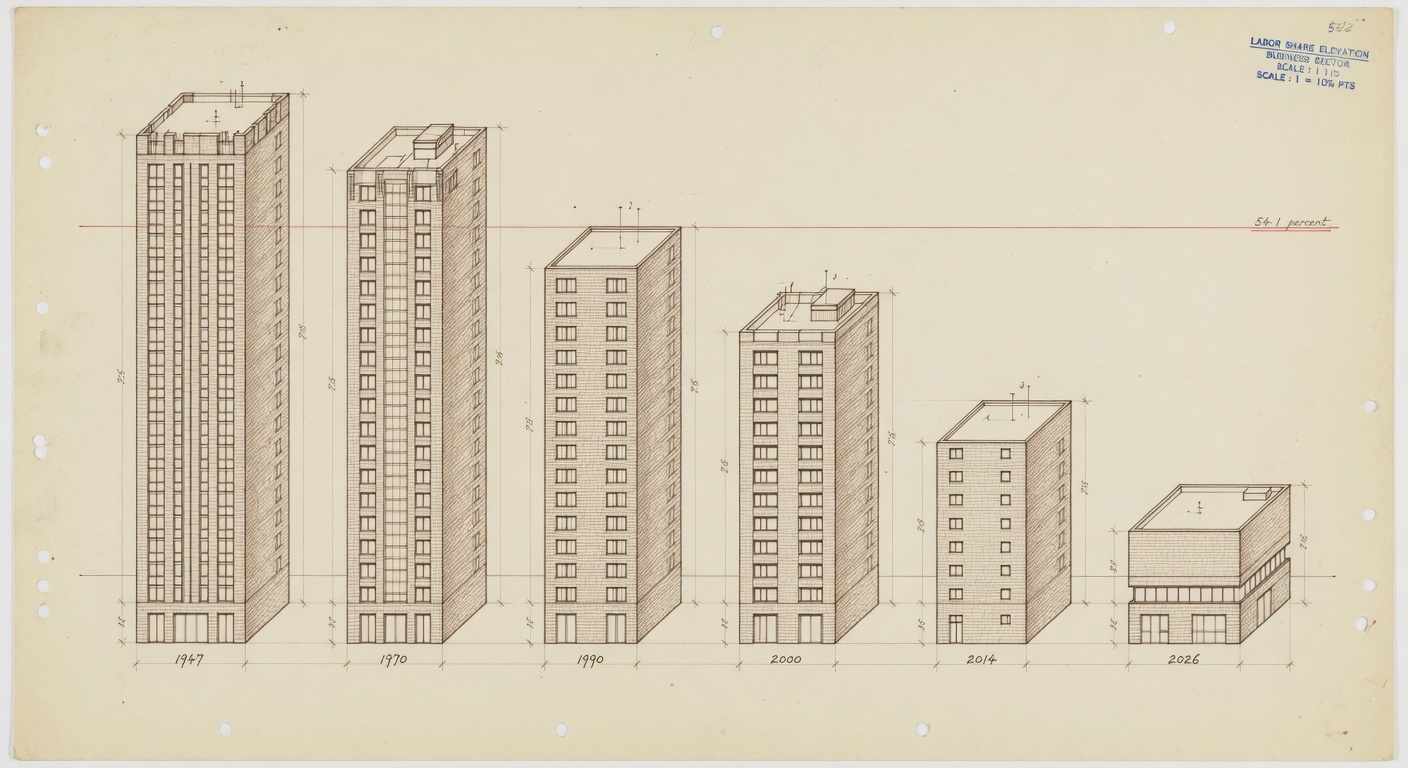 Architectural elevation drawing in warm cream and deep sepia ink, rendered like an isometric blueprint. Six tall slender buildings stand in a row, each labelled with a year — 1947, 1970, 1990, 2000, 2014, 2026 — and each scaled to the labor share of output for that year. The 1947 and 1970 buildings rise to roughly two-thirds of the page height; the 2000 building is shorter; the 2014 building shorter still; the 2026 building is the lowest. A red horizontal datum line marks the new low across the row, with the figure 54.1 percent inked beside it in a small architect’s hand.