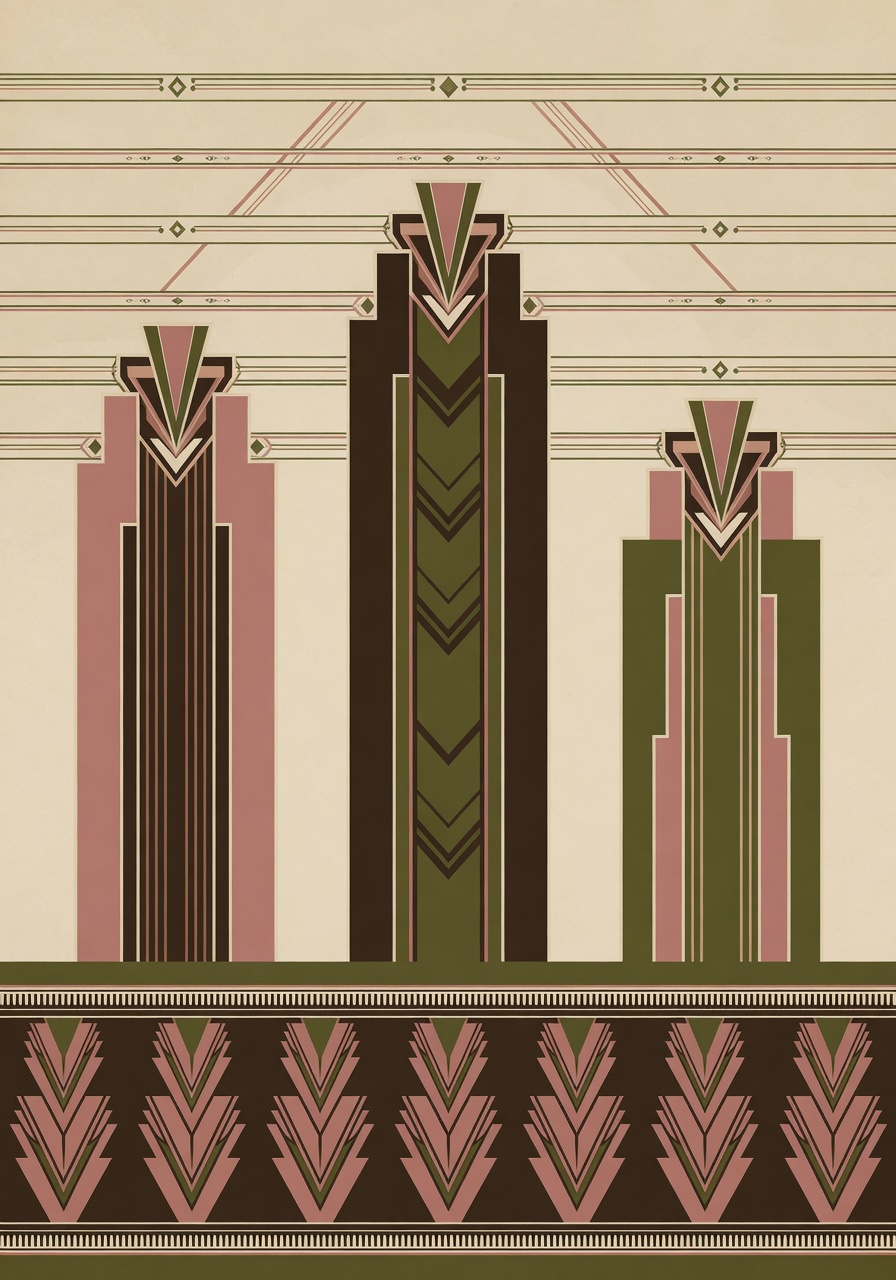 Art-deco poster illustration in muted olive, deep umber, dusty rose, and cream, showing three abstracted geometric pillars of unequal height connected by thin parallel lines across the upper third, with a horizontal band of stylised cedar-like forms along the lower edge; the composition reads as a negotiating table seen from above. No flags, no insignia, no text.