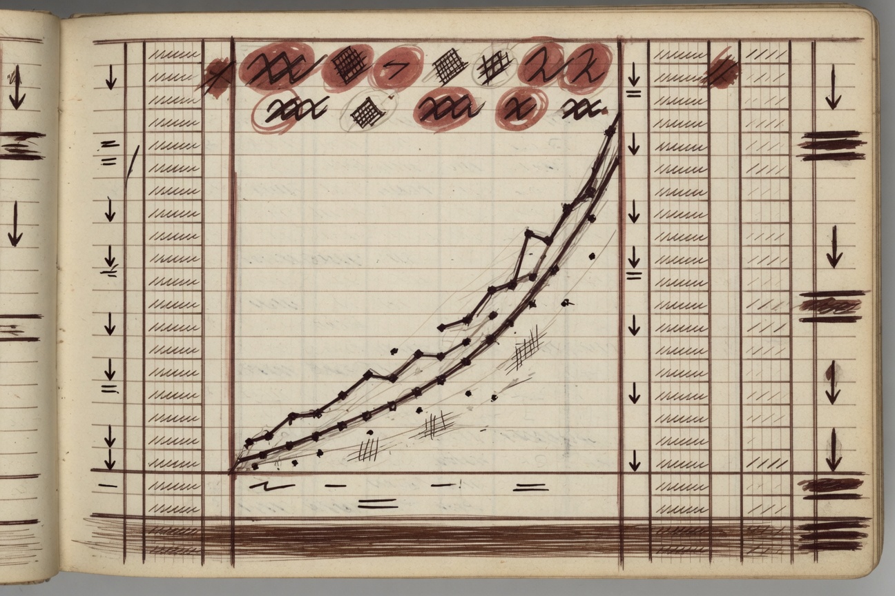 A hand-drawn ledger page in warm cream with deep brown ink. Ruled columns and row totals are filled in a careful accountant’s script, with one column — labelled “Computers & Electronic Products” — circled in muted red and trailed by a steep ascending line. Adjacent columns for “Transportation Equipment” and “Nondefense Aircraft” show downward arrows in the same hand.
