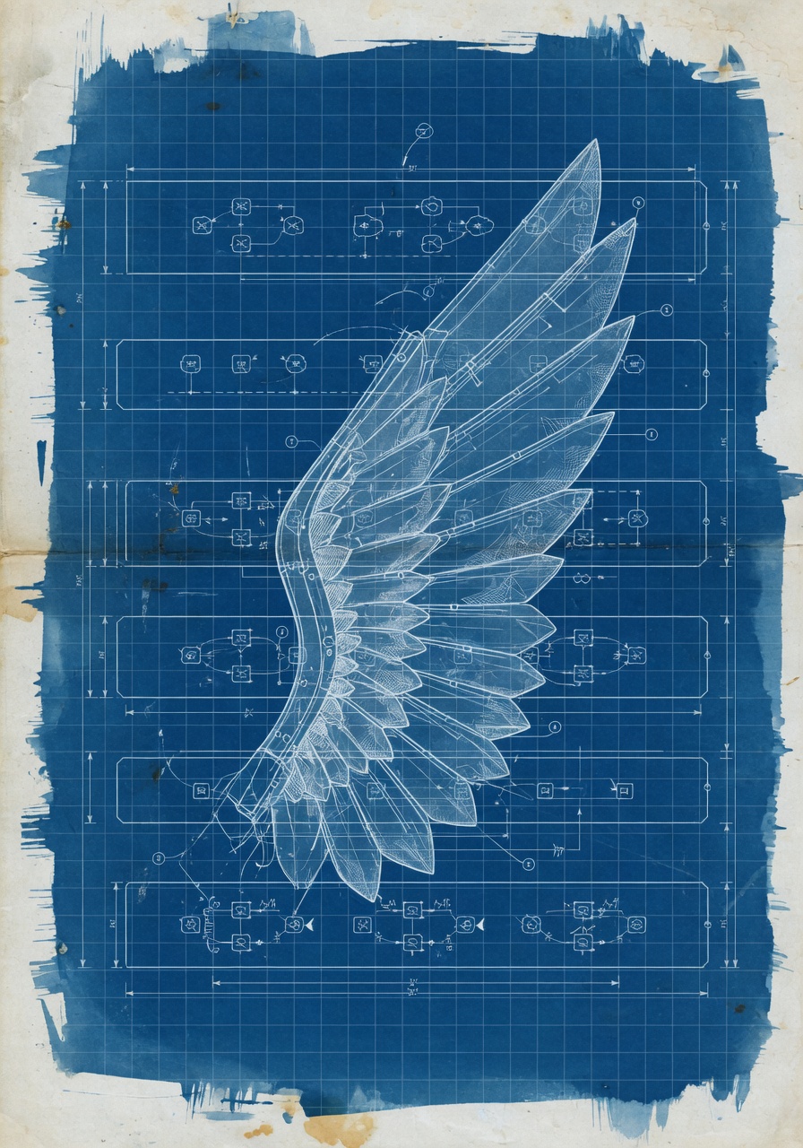 Cyanotype blueprint illustration of a glass wing motif overlaid on architectural schematics of a software-supply-chain diagram, rendered in deep Prussian blue with pale linework.