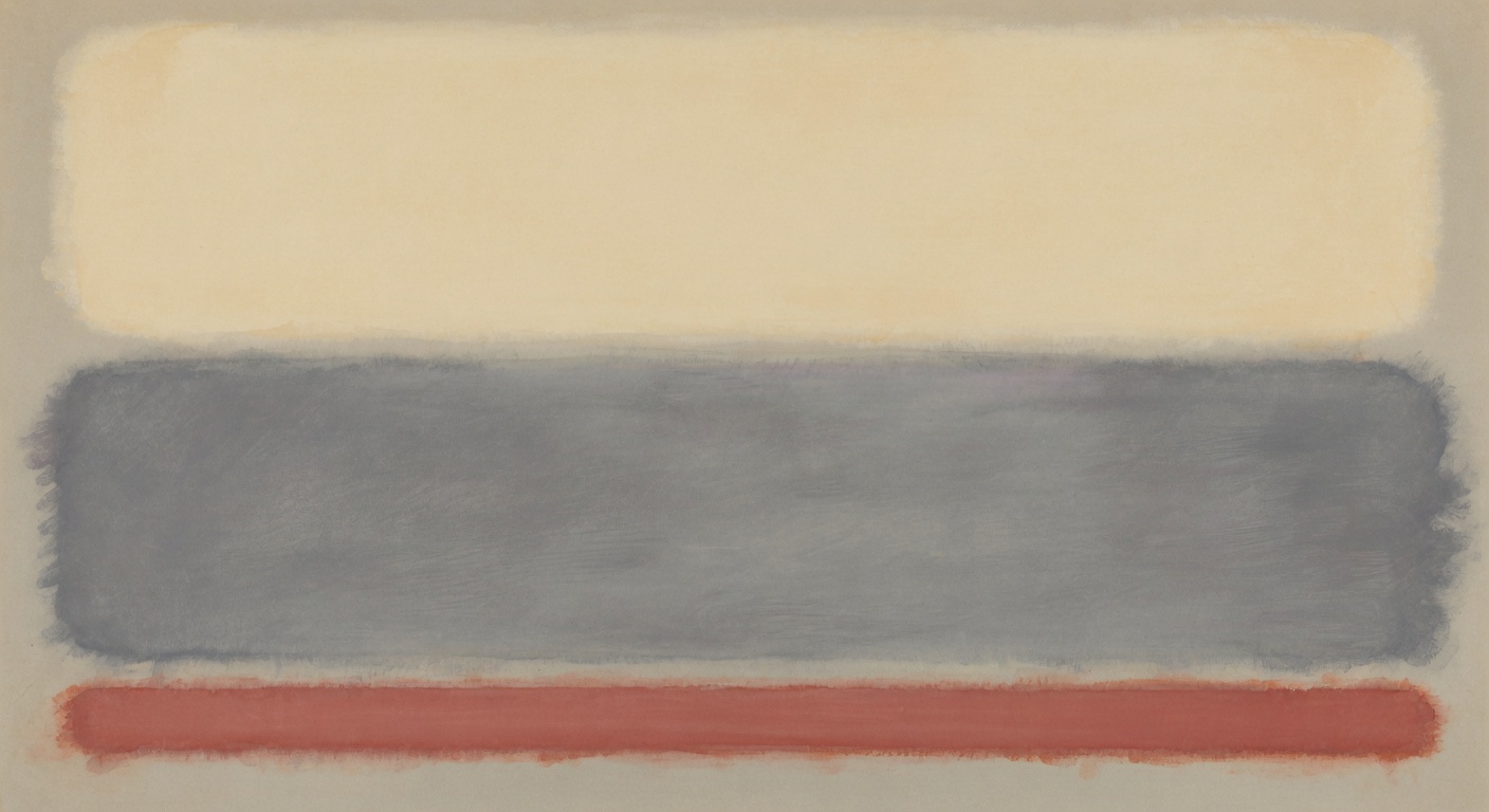 Color-field abstract illustration in the Rothko/Diebenkorn register: three horizontal bands of muted cream, soft graphite gray, and a single thin band of Moxley red across the lower third, evoking administrative gridlines and the suspended state of a stayed court order.