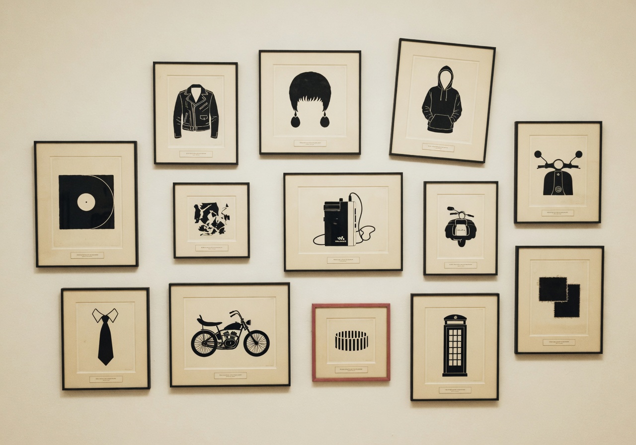 Editorial illustration in warm cream and faded ink showing a salon-hang gallery wall of twelve thumbnail frames, each containing a stylised silhouette of a different decade of British youth subculture, hung in an uneven grid on a paper-textured wall with a faint serif caption rule beneath each frame.
