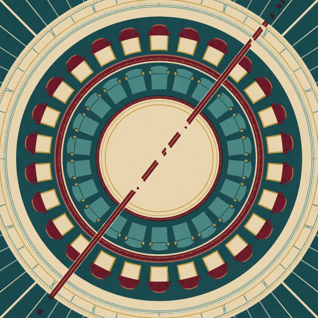 Art-deco-style risograph poster in deep teal, mustard yellow, oxblood, and bone, abstracting a circular conference table from directly overhead. Concentric rings of geometric chairs radiate outward; a thin broken arc cuts across the table at an angle, suggesting an unfinished circuit. No text, no flags, no faces — only stylized geometry. A muted halftone grain runs across the whole composition.