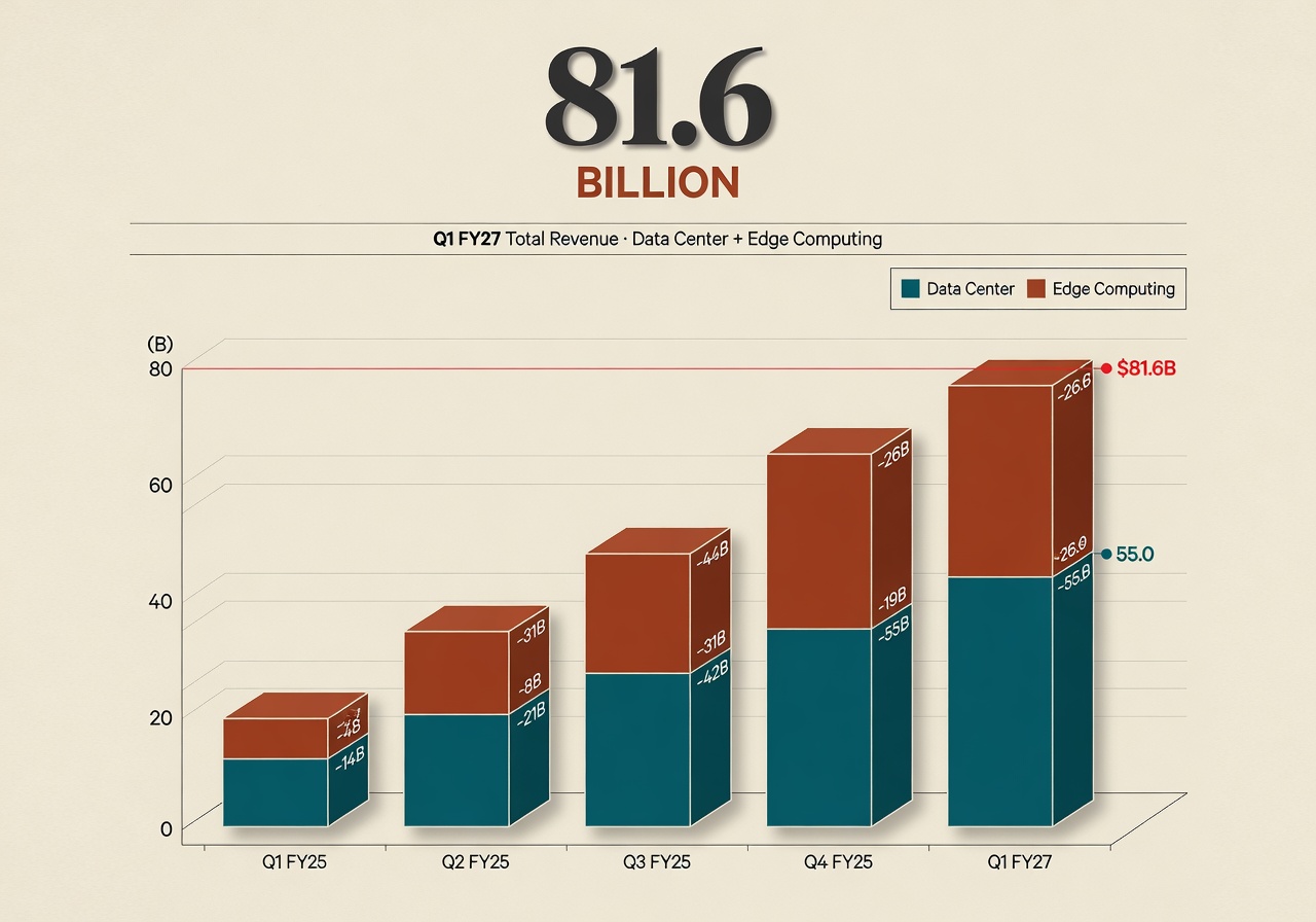 Editorial infographic in warm cream and deep ink, evoking a Financial Times-style isometric column chart. Five quarterly columns climb from left to right, each split into a deep teal lower band labelled Data Center and a burnt-sienna upper band labelled Edge Computing. A thin red horizontal datum line crosses the top of the rightmost column, which is labelled $81.6B. The number 81.6 is inked in a large serif typeface above the chart with the word BILLION in small caps beneath. The chart is illustrative — the precise quarterly column heights are not a substitute for the audited figures in the press release.
