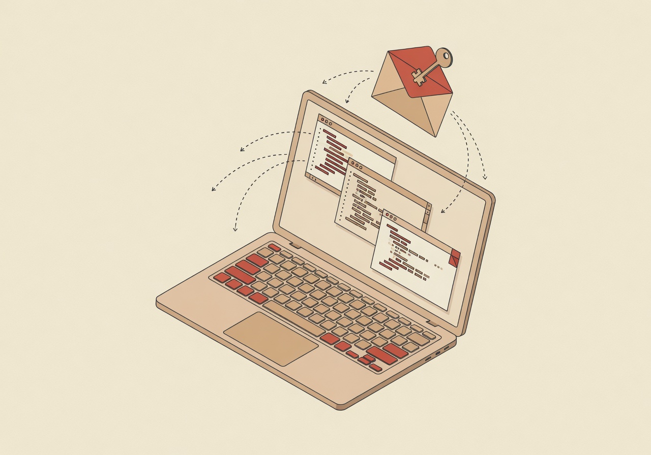 Isometric illustration of a developer workspace — a laptop, a stack of editor windows, and a small open envelope labelled with a key, on a warm cream background.