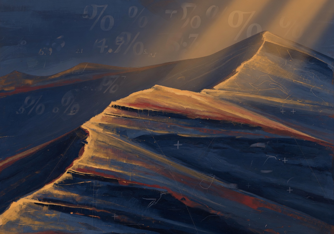 Abstract editorial illustration of a yield curve rendered as a sculpted ridgeline of layered terrain, with faint percentage motifs floating in deep navy and warm amber light