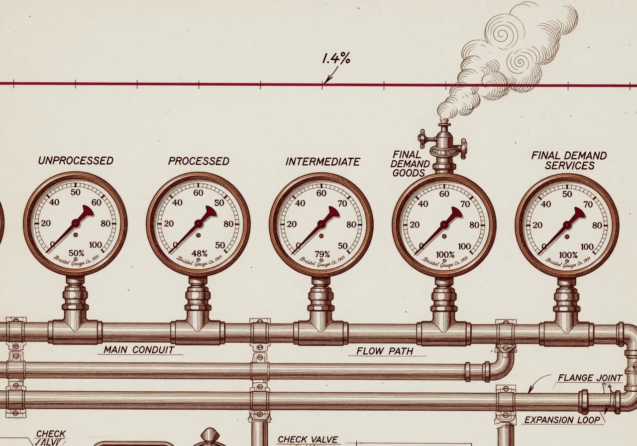 Editorial illustration in warm cream and deep sepia ink, drawn in the style of a vintage industrial engineering schematic. Copper-colored pipes run left to right across the page, threading through five labelled pressure gauges in sequence — Unprocessed, Processed, Intermediate, Final Demand Goods, Final Demand Services. Each successive gauge needle points further to the right; the three rightmost are pinned near the high end of their dials. Steam vents from a release valve above the Final Demand Services gauge. A red datum line crosses the top of the composition with the figure 1.4 percent inked beside it in a small hand.