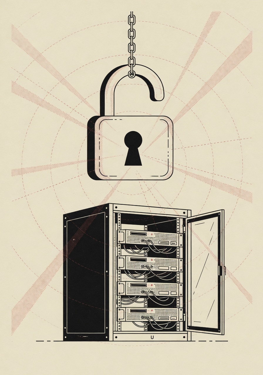 Halftone-and-vector illustration of an open padlock suspended on a chain above an exposed server rack with its front panel hanging open, with faint red dotted scanning beams converging inward from the edges of the frame.