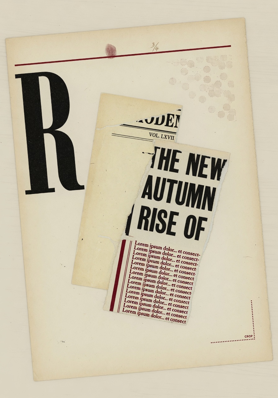 Magazine-spread editorial composition in warm cream and faded ink: a large serif drop letter at left, a stack of layered tear-sheet rectangles in the center bearing fragments of cover-line typography in mixed serif and condensed sans, a thin vertical column rule, and a faint masthead bar reading in small caps across the top of the frame.