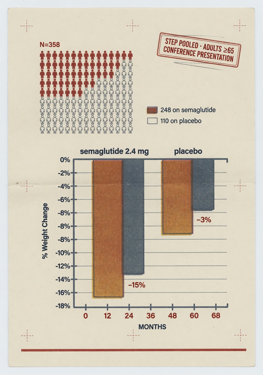 A risograph-style infographic plate on warm cream rag paper, printed in muted brick-red and slate ink with visible halftone grain. A central two-column bar chart compares weight-change deltas for semaglutide 2.4 mg and placebo across a 68-week axis; a stick-figure cohort grid to the left shows the 358-participant subgroup with 248 shaded for the active arm and 110 unshaded for placebo; an archival stamp in the upper right reads STEP POOLED · ADULTS ≥65 · CONFERENCE PRESENTATION.
