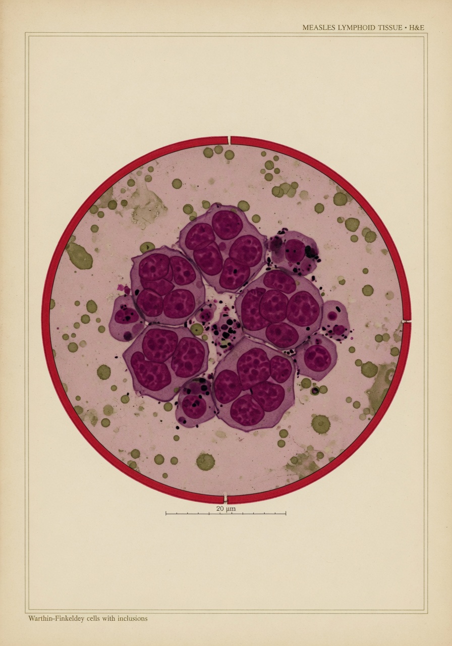 Histopathology slide of measles-infected tissue stylized as a stained microscope field, with multinucleated Warthin–Finkeldey giant cells rendered in deep magenta hematoxylin and dusty pink eosin tones, scattered cytoplasmic inclusion bodies, and a faint scale-bar and field-of-view ring at the edge, on warm cream paper.