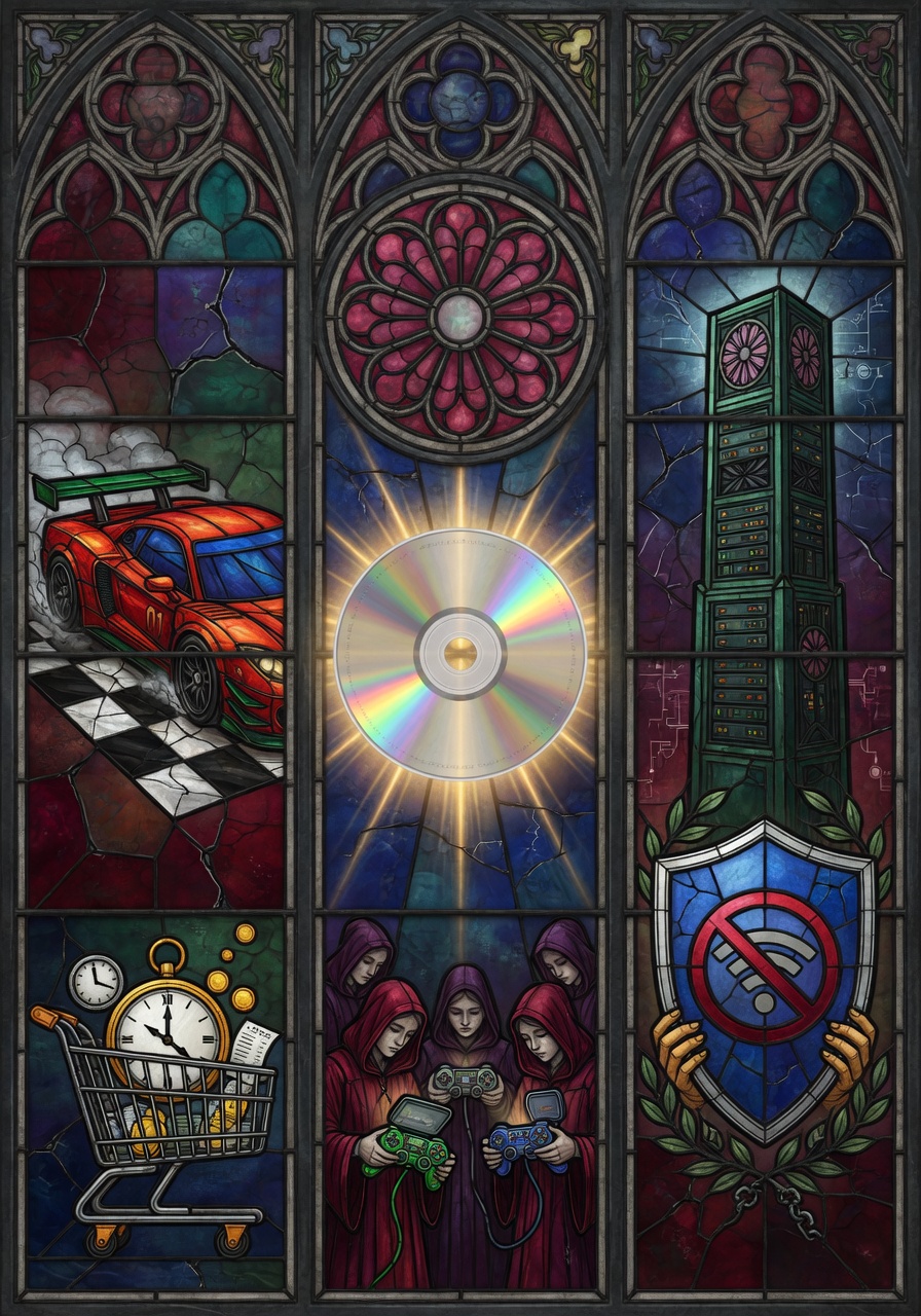 Stained-glass cathedral window in jewel tones depicting video-game iconography as preserved relics: a luminous disc at the centre, with side panels of a racing car, a cracking server tower, an offline-mode shield, a checkout cart with a clock, and small figures holding controllers like reliquaries. Lead came in dark pewter against ruby, sapphire, emerald, and amber glass.