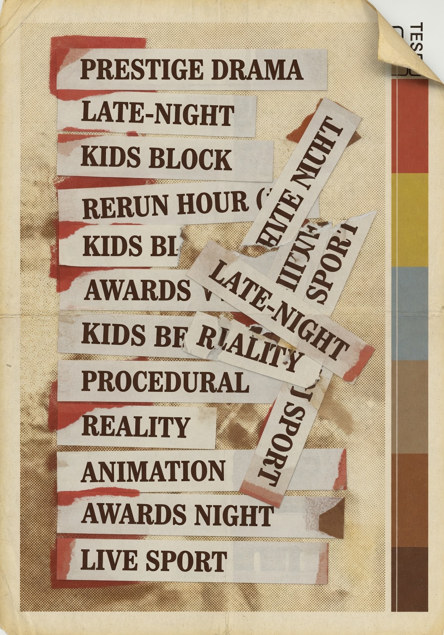 Cut-paper collage poster in warm cream and faded ink, layered with overlapping paper strips bearing fragments of programming-category labels in serif type, halftone dots, faint scanlines, and a thin vertical strip of desaturated test-pattern color bars at one edge.