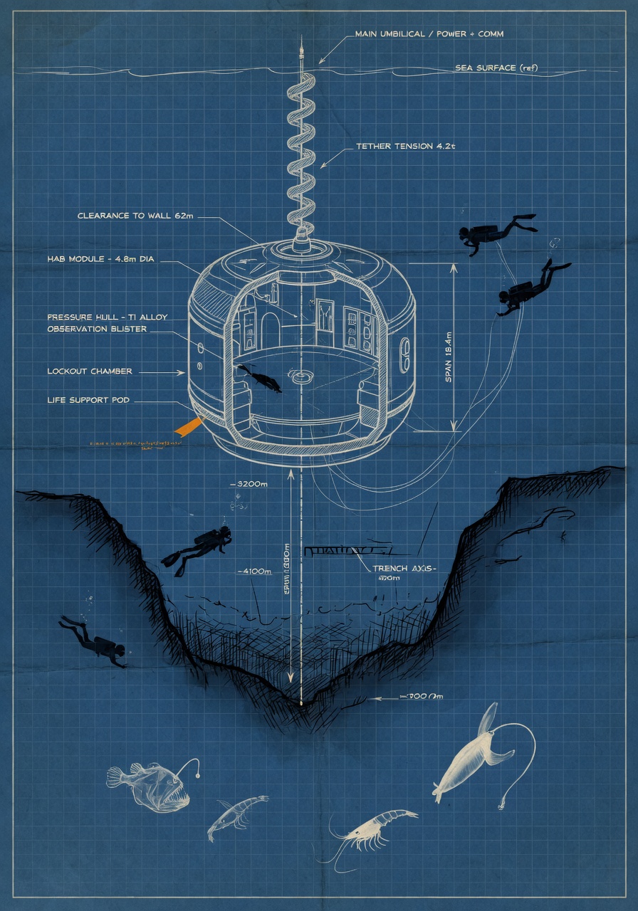 Indigo blueprint plate of an underwater research habitat suspended over an abyssal trench, with four small diver silhouettes tethered to it by life-support lines, hand-drawn measurement annotations around the frame, and a faint surface line at the top. Palette of deep indigo paper, pale cyan grid, bone linework, and a single warm amber accent on one annotation flag.