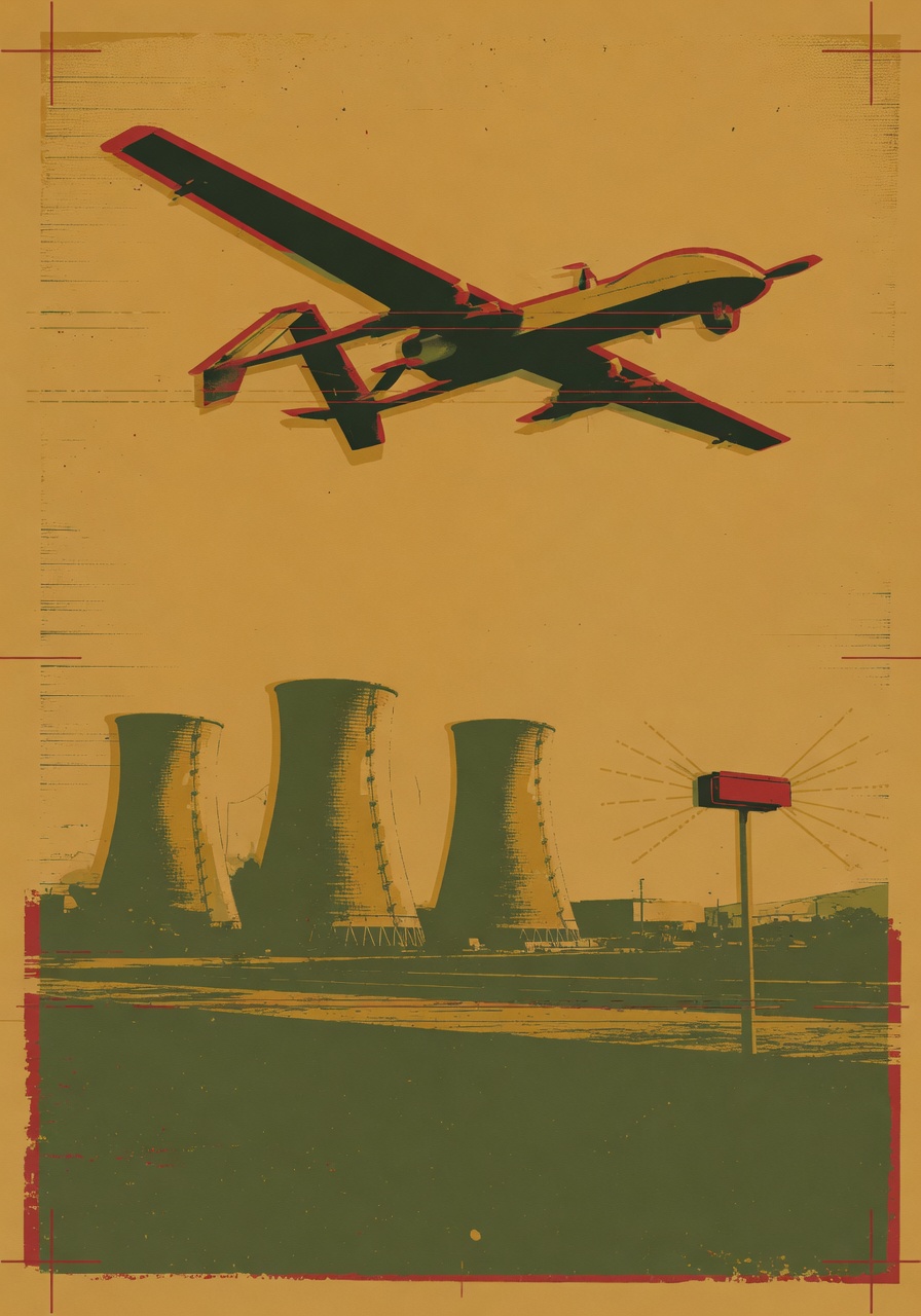 Silkscreen-poster political illustration in three flat colors — ochre, deep olive, and brick red — showing a stylised drone silhouette over a horizon of cooling towers and a runway light, with rough registration offsets at the edges. No flags, no insignia, no text.