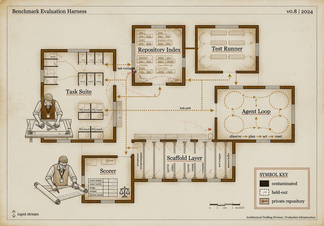 Floorplan-style illustration of a benchmark evaluation harness rendered as a building schematic in muted ochre and ink on a warm cream background, with labeled rooms for task suite, repository index, test runner, agent loop, scaffold layer, and scorer.