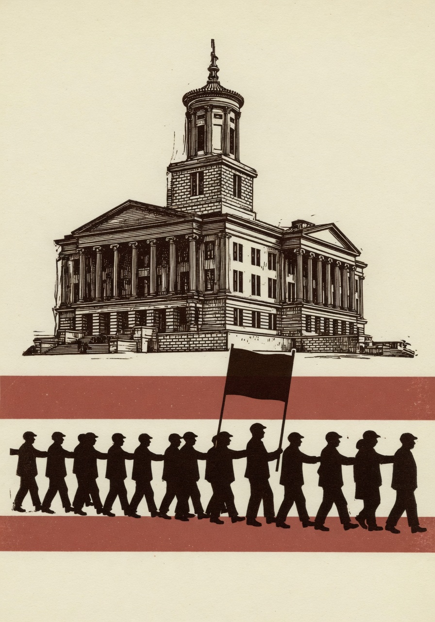 Two-tone relief print of the Tennessee State Capitol dome rendered in deep umber line work on a cream paper ground, with a thin band of marching silhouettes — linked arms, one figure raising a rectangular banner — across the lower foreground and a single muted brick-red horizontal band separating the building from the procession.