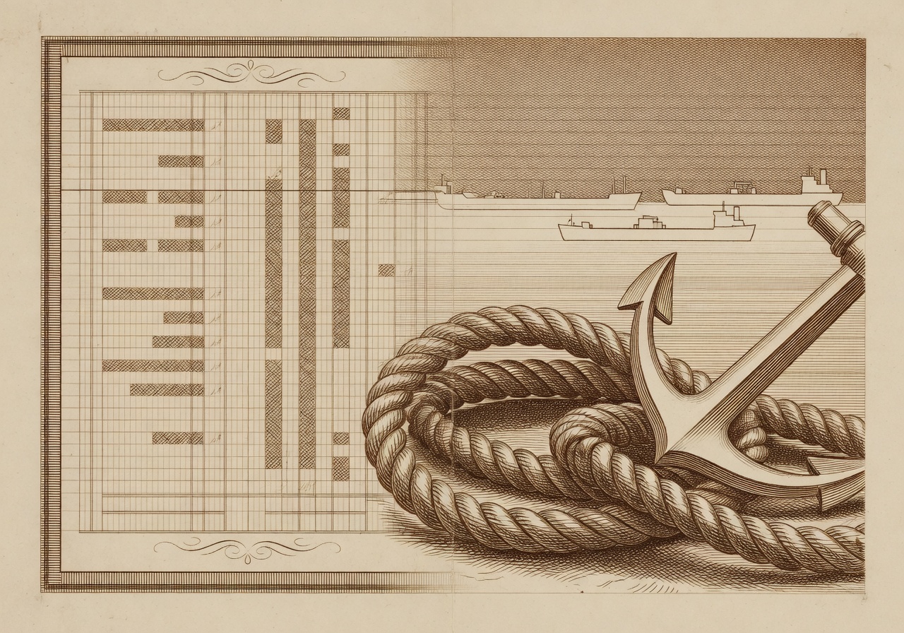 Sepia steel-plate intaglio engraving: a financial ledger page on the left opens across to a coiled rope and an anchor with a horizon line of distant tanker silhouettes. No flags, no insignia, no text.