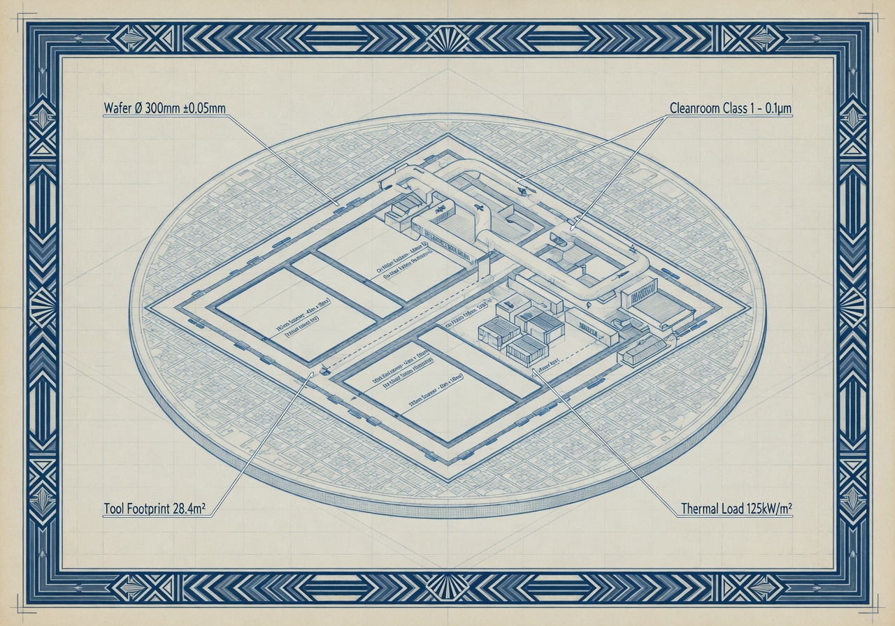 Isometric blueprint-style schematic of a semiconductor wafer overlaid with a fab-floor floor plan, rendered in pale Prussian blue on cream paper with crisp linework and small annotated dimensions in the corners.