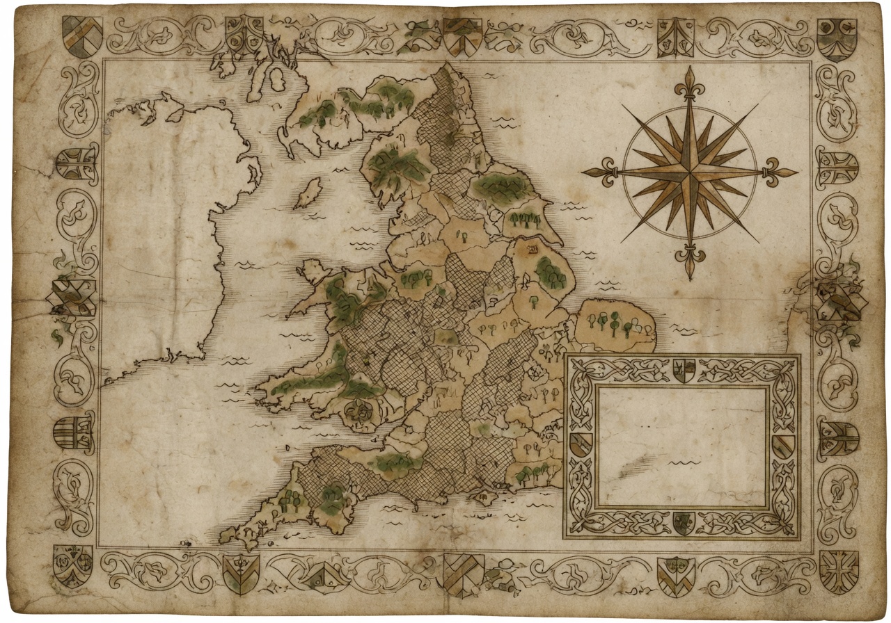 Medieval-charter-style hand-drawn territorial map of the British Isles in iron-gall ink and faded ochre on aged vellum, with stylised heraldic flourishes around the margins, county-line hatching across England, a separate cartouche for Wales, and no modern flags, party logos, portraits, or text labels.