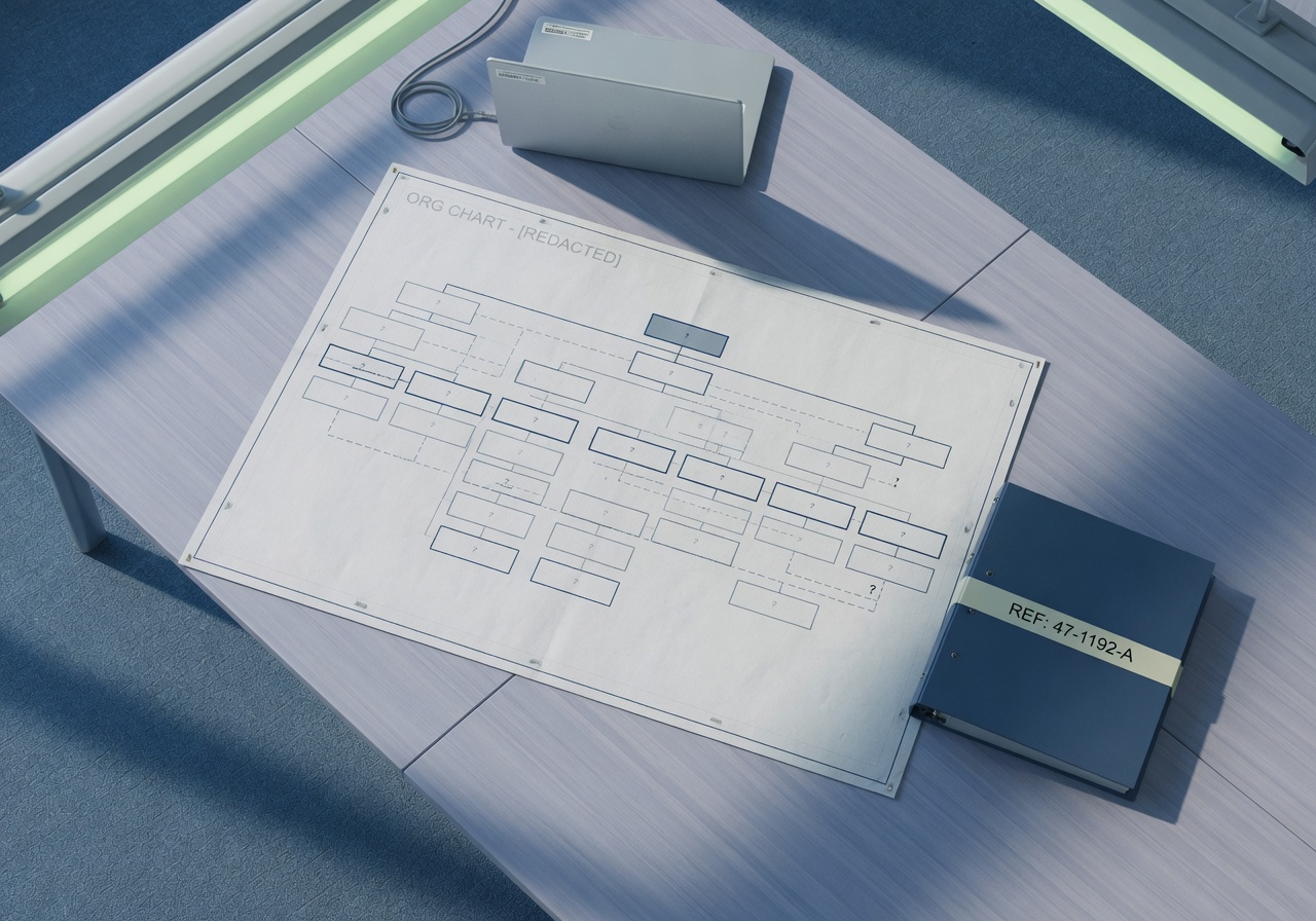 An overhead architectural rendering of an empty agency conference room in cool steel-blue and pale verdigris light. A long laminated table runs the length of the frame; an organisational chart lies face-up on it with most of its boxes empty, connected by faint dashed lines. A closed three-ring binder, stamped with an unreadable reference number, sits beside a closed laptop. No people, no readable text.