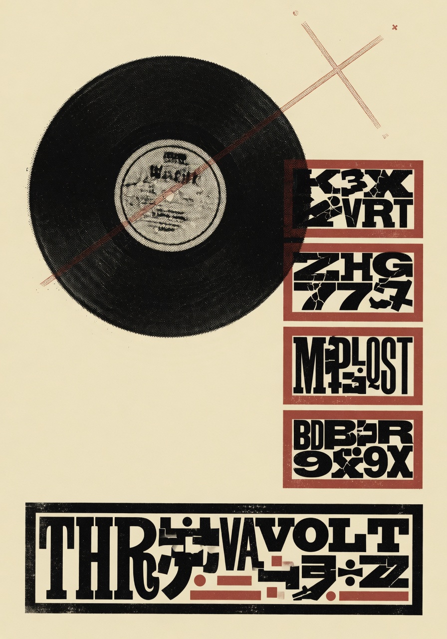Screenprint gig-poster composition in warm cream and faded ink: a large off-center halftone circle suggesting a record label, four stacked rectangles to the right bearing condensed sans-serif text fragments resembling tracklist entries, a thin diagonal registration mark in muted red across one corner, and a heavy hand-set serif title bar at the bottom edge.